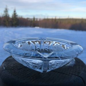 Vtg Clear Heavy Cut Glass Ashtray Etched Frosted Roses Flowers KIG Indonesia